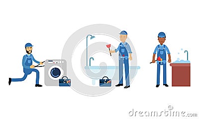 Young Man Plumber Wearing Blue Overall Fixing Sanitary Ware Vector Illustration Set Vector Illustration