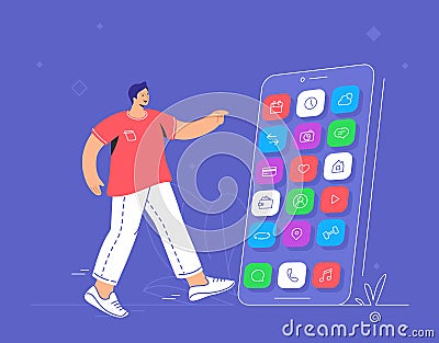 Young man pointing to his big smartphone to choose chat app, social media networks, banking and other smart mobile apps Vector Illustration