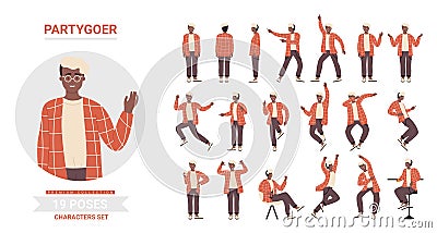 Young man poses on dance party set, cartoon happy dancer male character dancing in different posture Vector Illustration