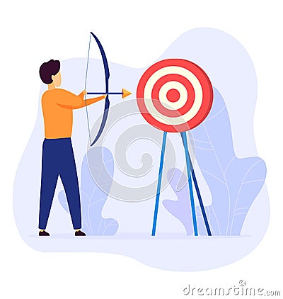 Young man practices archery aiming at target with precision. Archer concentrating on hitting bullseye in outdoor setting Stock Photo