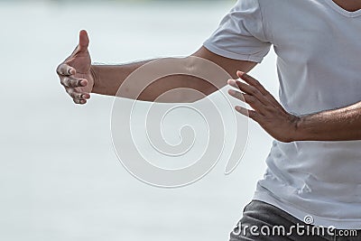 Young man practicing traditional Tai Chi Chuan, Tai Ji and Qi gong in the park for healthy, traditional chinese martial arts Stock Photo