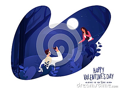 Young Man Proposing Woman on Paper Cut Nature Night Scene for Happy Valentine`s Day Celebration Stock Photo