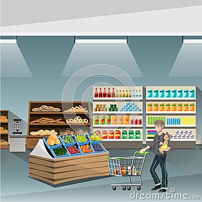 Young man pushing an empty supermarket cart. Vector Illustration