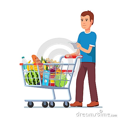 Young man pushing supermarket shopping cart Vector Illustration