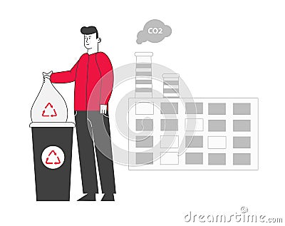 Young Man Put Trash Bag to Litter Bin with Recycle Sign near Factory with Smoking Pipes. Stop Pollution Concept Ecology Vector Illustration