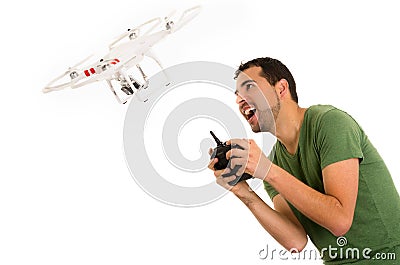Young man with quadcopter drone Stock Photo