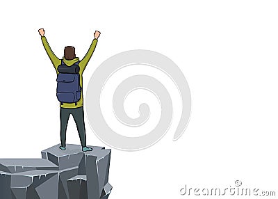 A young man with raised hands on the edge of the cliff. Back view. Mountain hiker, Explorer, mountaineer. A symbol of Vector Illustration