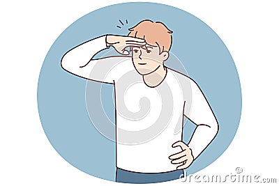 Young man raises hand to forehead to see distant object or protect eyes from sun rays. Vector image Vector Illustration