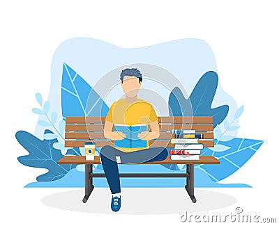 Young man reading book on the bench. Vector Illustration