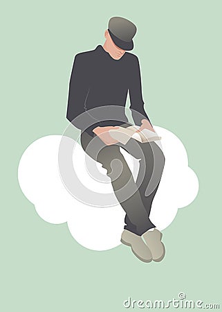 Young man reading sitting on a cloud. Stock Photo