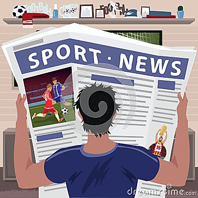 Soccer fan reading sports news Vector Illustration