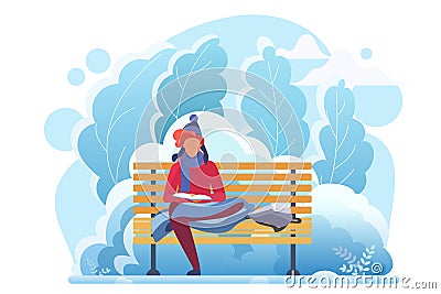 Young man reading in winter cold park flat vector illustration. Smart student studying, bookworm cartoon character. Boy Vector Illustration