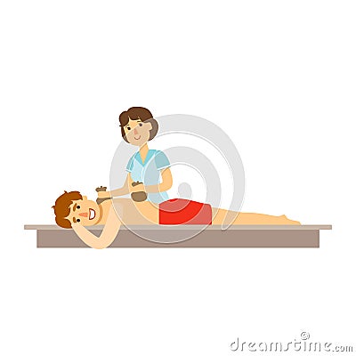 Young man receiving massage with two bags for a massage. Colorful cartoon character Vector Illustration