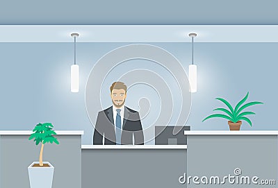 Young man receptionist stands at reception desk front view Vector Illustration