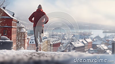 Young man in red jacket jogging in a snowy city on a sunny winter day, in a nice residential area. Generative AI Stock Photo