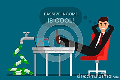 Young man rests and rejoices passive income. Cartoon Illustration