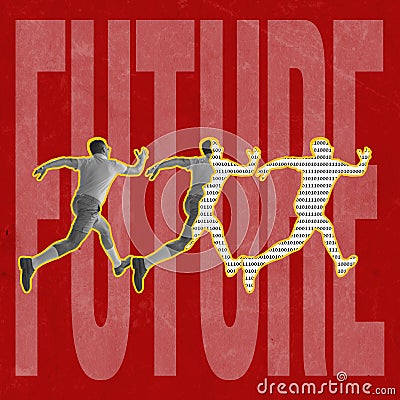 Young man in retro style outfit running away over red background with lettering. Contemporary art collage. News, matrix Stock Photo