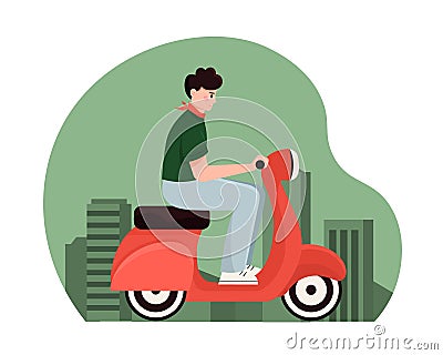 Young man ride scooter in modern city. Environmental and nature protection concept Vector Illustration