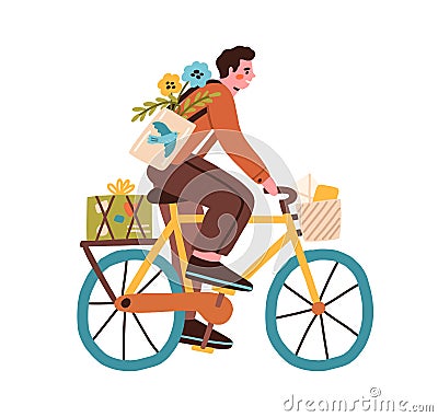 Young man riding bicycle with post boxes, parcels, flowers and envelopes in basket. Happy postman cyclist driving bike Vector Illustration