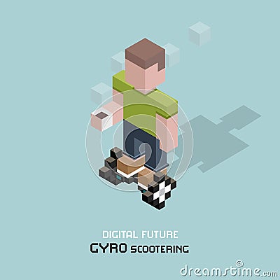 Young man riding electric gyroscooter. Cubes composition isometric illustration of modern device gyro scooter. Guy with cup Cartoon Illustration