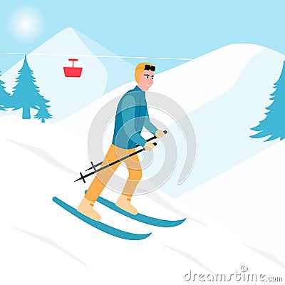 Young man riding on skis design vector flat isolated illustration Vector Illustration