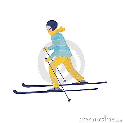 Young man riding on skis masked , winter. Flat vector illustration in cartoon style Vector Illustration