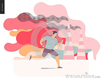 Young man running in smog Vector Illustration