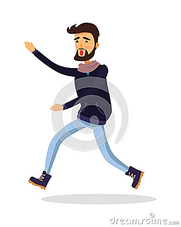 Young Man Running Somewhere on White. Vector Illustration