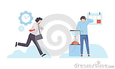 Young Man Running to Appointment and Watching Time Flowing in Hourglass Vector Set Vector Illustration