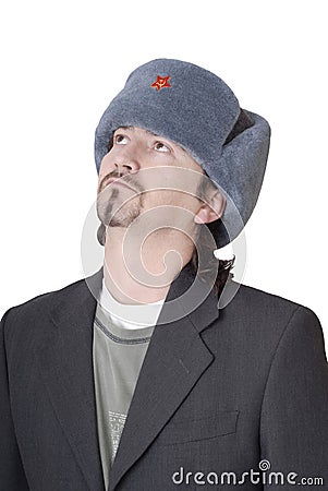Young man with a russian hat p Stock Photo