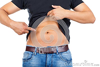 Young man`s fatty abdomen Stock Photo