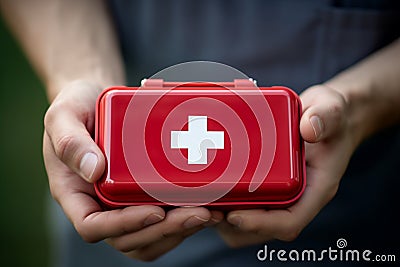 Young man's hand firmly grasping a first aid kit Stock Photo
