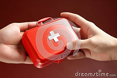 Young man's hand firmly grasping a first aid kit Stock Photo