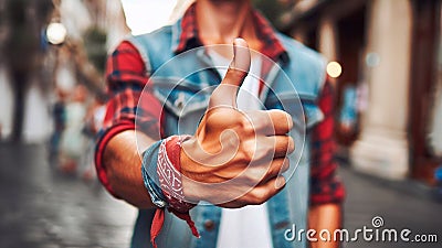 A young man's hand shows thumbs up, indicating that he likes or approves of something. Generated AI Stock Photo