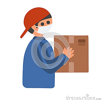 Young man from safe delivery service hanging box. Vector Illustration