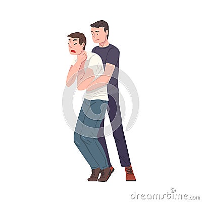 Young Man Saving Life of Man Performing Abdominal Thrusts, First Aid to Choking Person Vector Illustration on White Vector Illustration