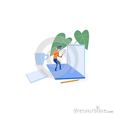 A young man searching important documents in computer with magnifying glass, Searching document in computer illustration concept, Cartoon Illustration