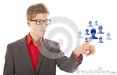 Young man selecting blue virtual friends isolated Stock Photo