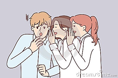 Young man is shocked by secret about colleagues or friends told by two girls. Vector image Vector Illustration