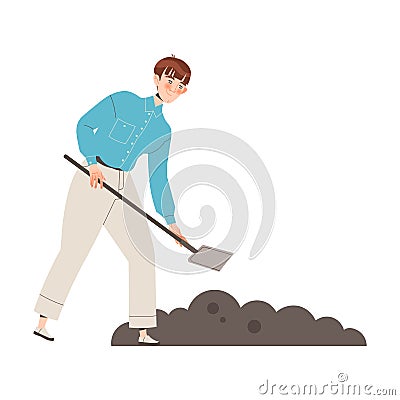 Young Man with Shovel Digging Soil or Ground in the Garden or Yard Vector Illustration Vector Illustration