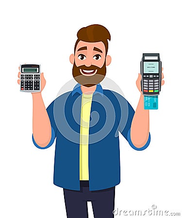 Young man showing or holding digital calculator device and POS terminal, credit, debit, ATM card swiping payment machine in hand. Vector Illustration