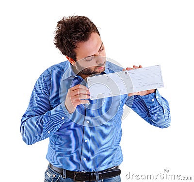 Young man showing the italian money order Stock Photo