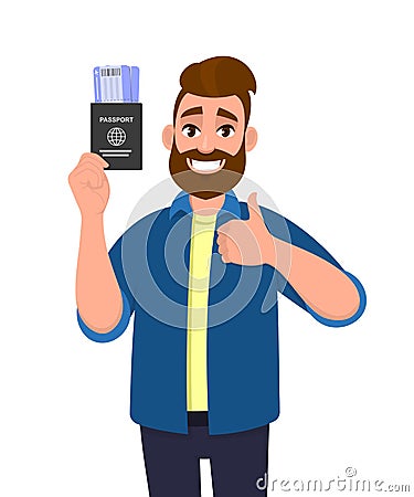 Young man showing passport tickets and gesturing thumbs up sign. Trendy hipster person holding boarding pass. Travel and tourism Vector Illustration