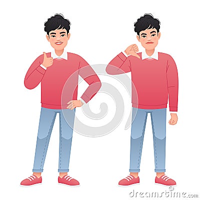 The young man shows a gesture of approval and disapproval. Likes and dislikes. Good and bad Vector Illustration