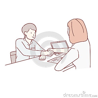 Young man signing contracts and handshake with manager. hand drawn vector art style Vector Illustration