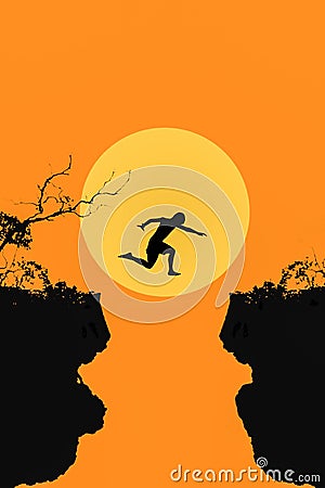 Young man in silhouette jumps between two cliffs on big moon ba Stock Photo