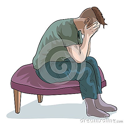 The young man sat sadly bowing down on the armchair Vector Illustration