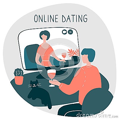 Young man sits in front of computer and talks with woman online. Girl and guy met online and build relationship at Vector Illustration