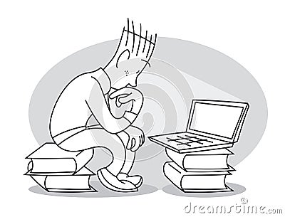 Young Man Sits in Front of Laptop Vector Illustration