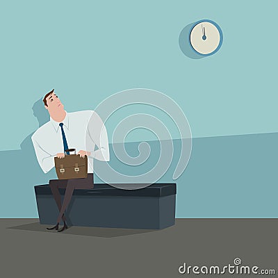 Young man sitting on the chair looking the clock waiting for someone Vector Illustration